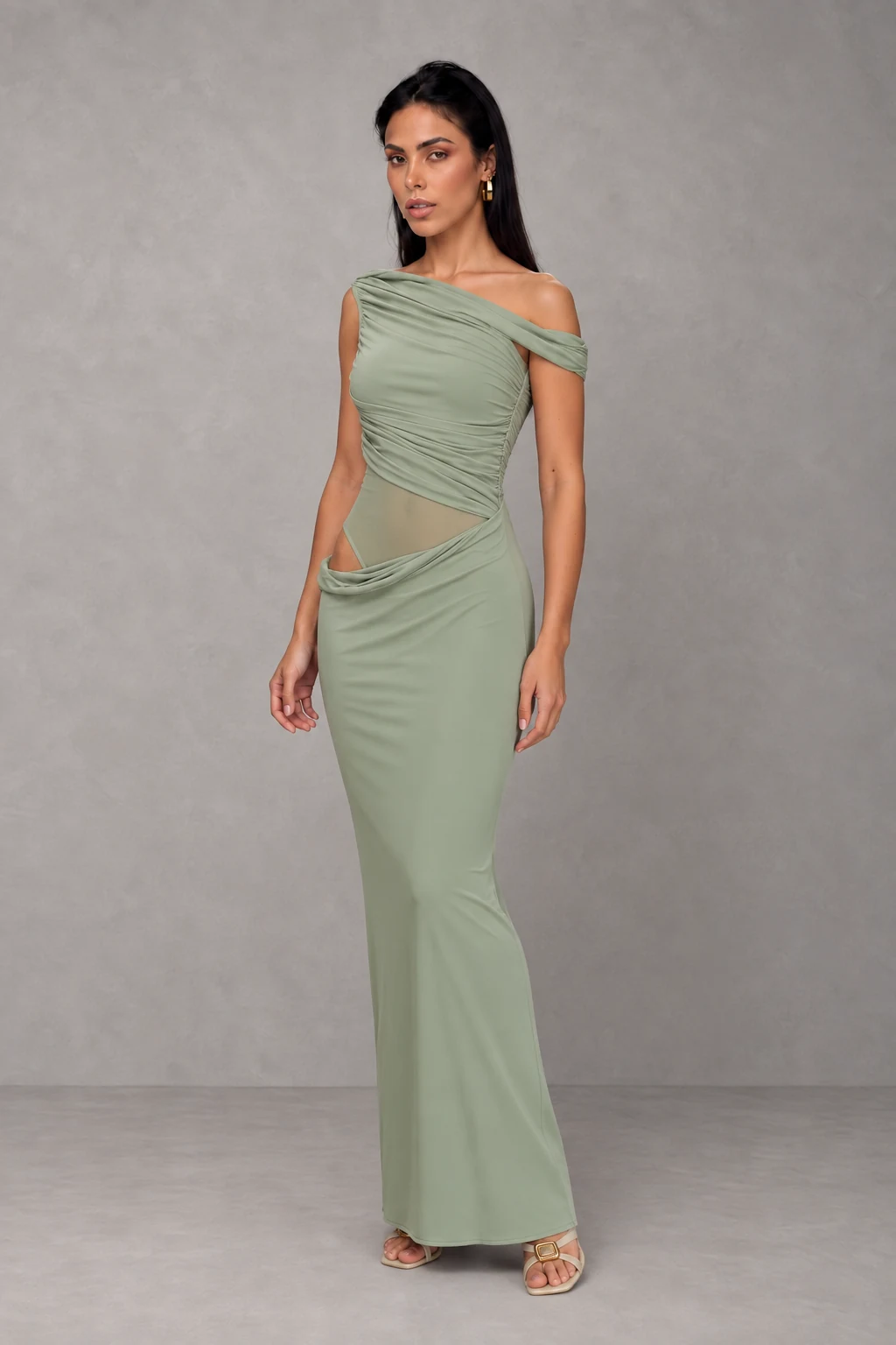 Callen One Shoulder Slinky Maxi Dress · Salvia · Vista 3