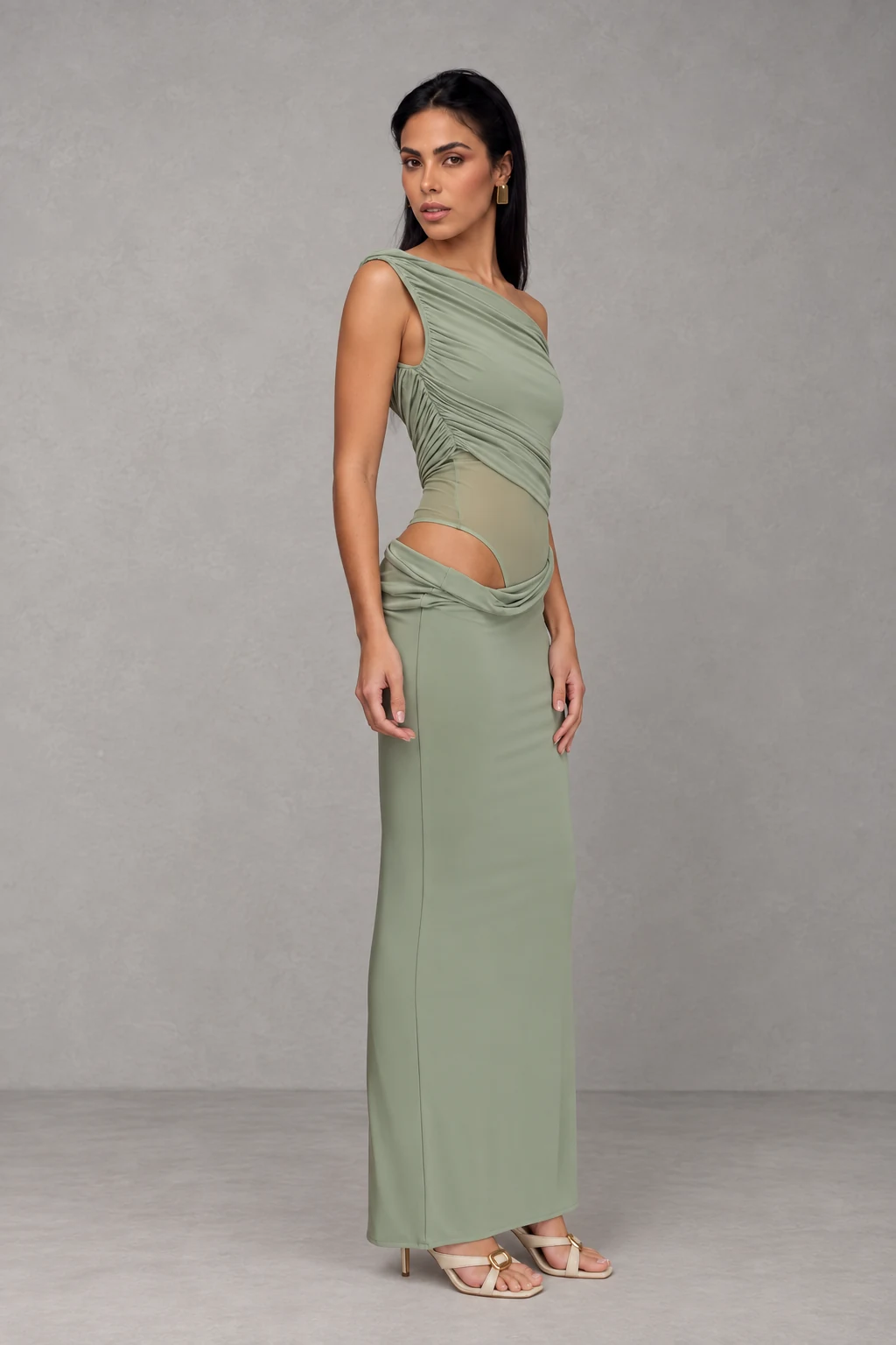 Callen One Shoulder Slinky Maxi Dress · Salvia · Vista 4