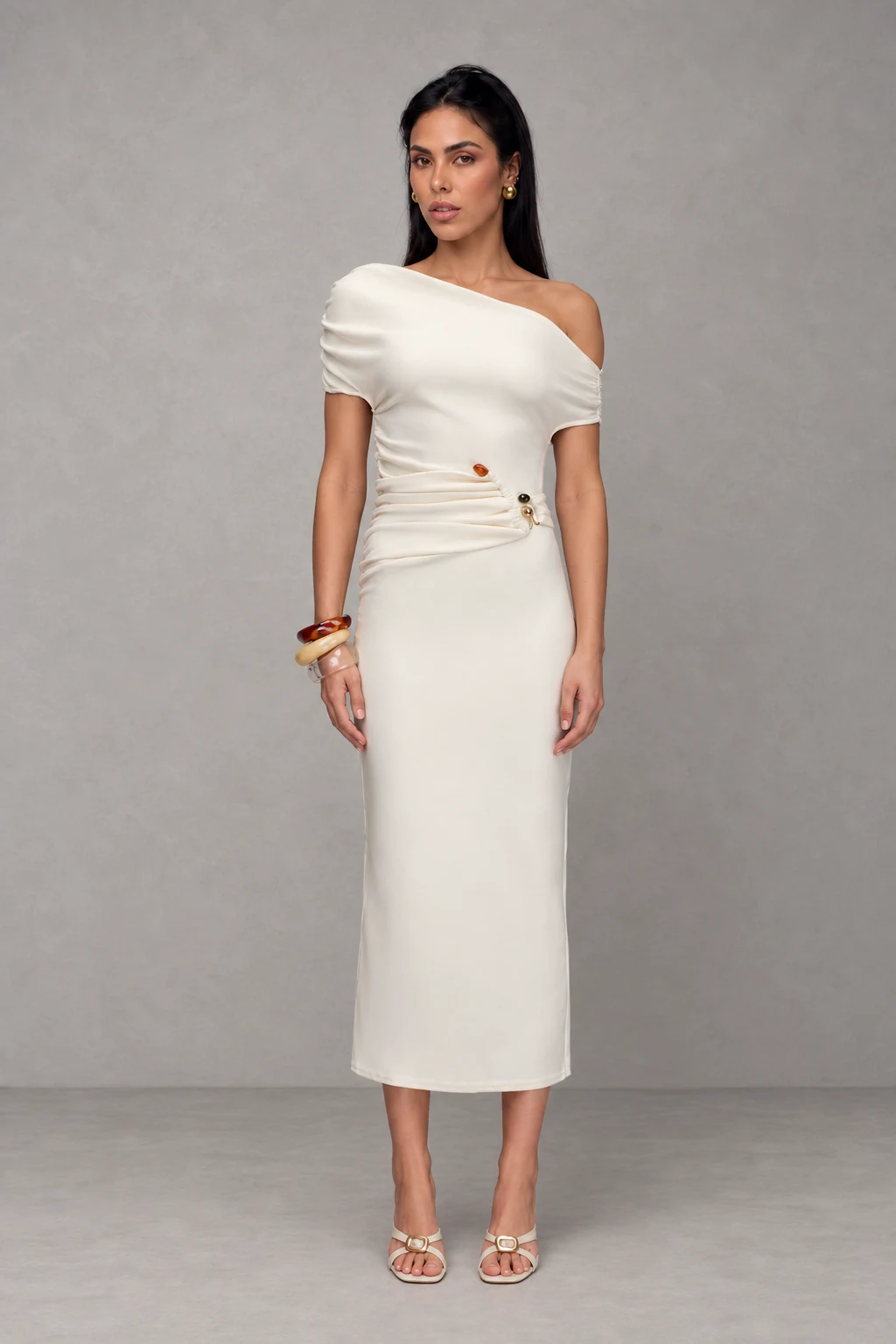 Kendra Scuba Jersey Midi Dress With Hardware · Marfil