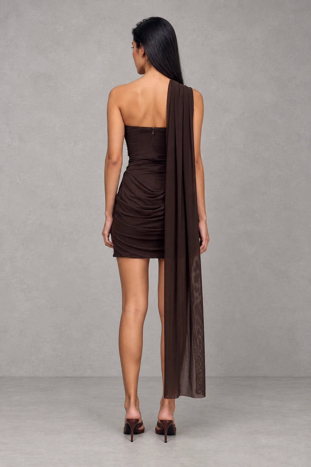 Mattea Slinky And Mesh Mini Dress With Scarf · Chocolate · Vista 2